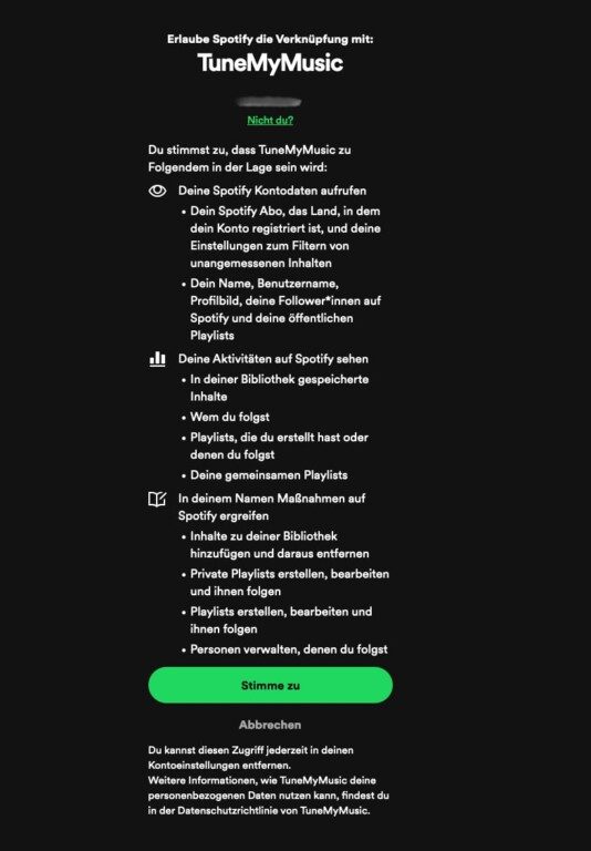 Spotiy TuneMyMusic Zustimmung