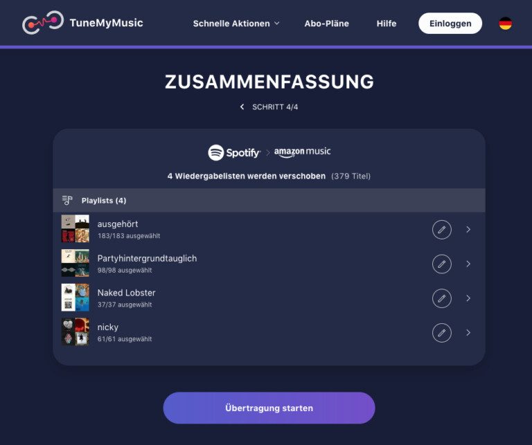 TuneMyMusic Export Import Spotify