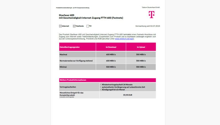 Produktinformationsblatt der Deutschen Telekom