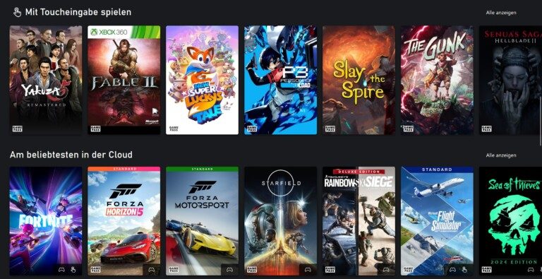 Spannend, wie hier beim Xbox Gamepass Ultimate: Du kannst auch den Touchscreen deines Laptops zum Spielen verwenden. Und natürlich stehen auch die beliebtesten Xbox-Titel wie Forza bereit. (Screenshot)