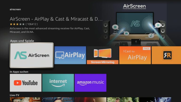 Amazon Fire TV App AirScreen zur Nutzung von Google Cast bzw. Chromecast auf Fire TV