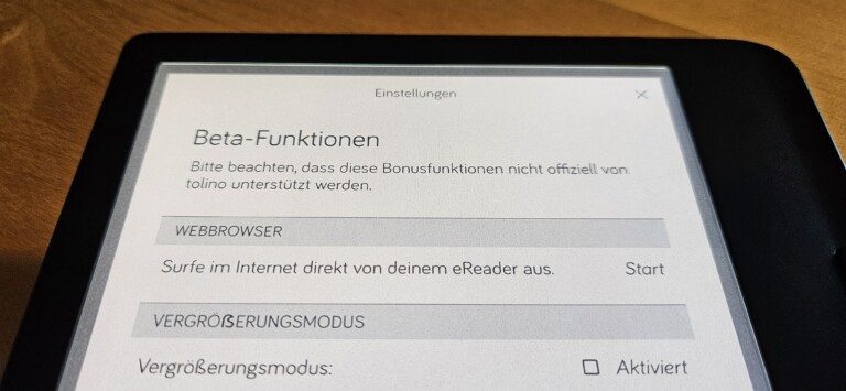 Abhängig vom Tolino-Modell findest du den Browser in den Beta-Funktionen. (Foto: Sven Wernicke)